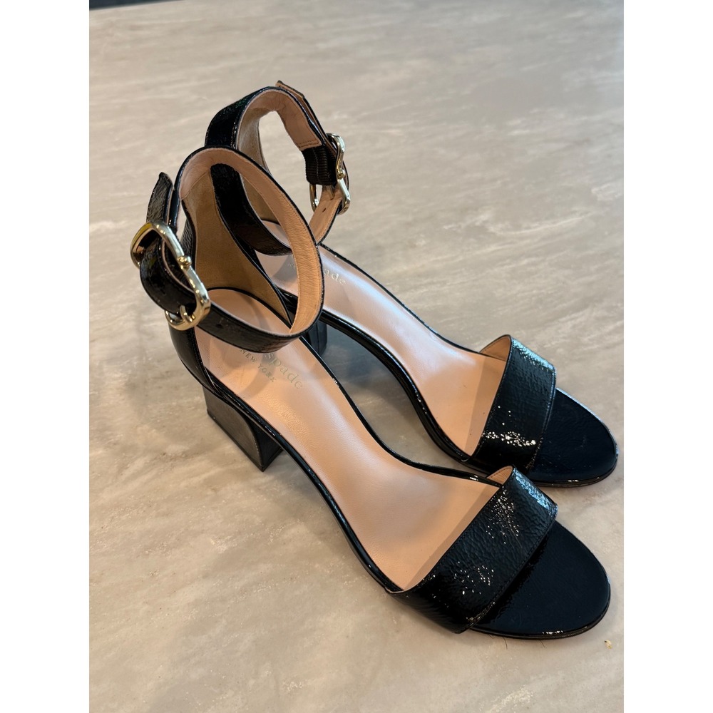 Kate Spade Black Crinkled Patent Leather Block Heel Ankle Strap Sandals